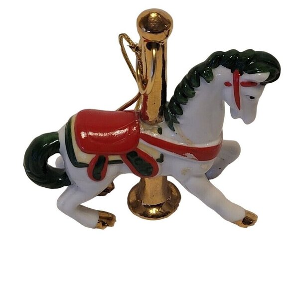 Other - Vintage Carousel Horse Ornament White Red Green Gold Trim Holiday Decor